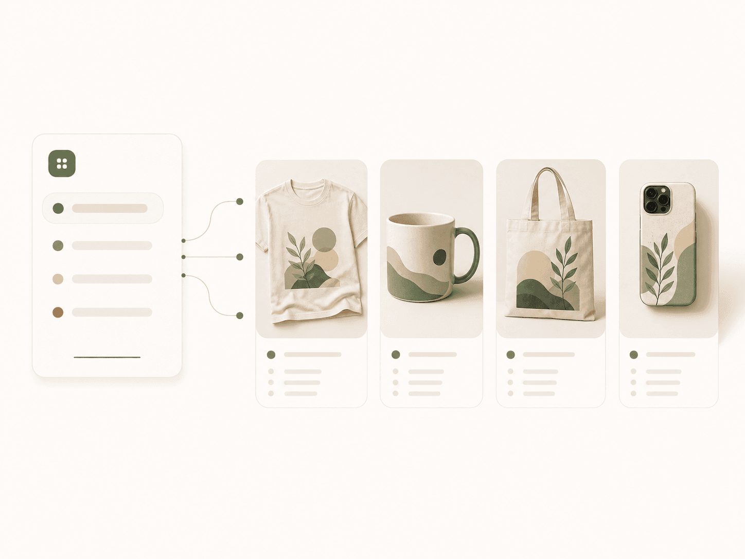 A product Skill panel expanding into shirts, mugs, tote bags, and phone cases